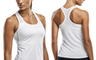 woman wearing white athletic tank top, showcasing sleek design and breathable fabric, perfect for workouts and fitness activities png