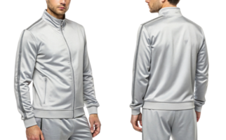 stylish silver athletic jacket designed for comfort and performance, featuring sleek zip up front and side pockets, perfect for workouts or casual png