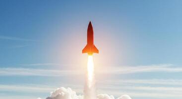 A rocket is taking off into the sky photo