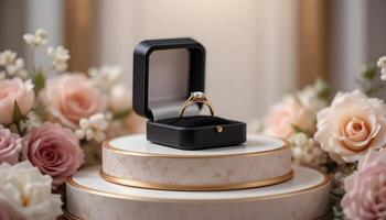 Golden ring in a black box surrounded by flowers photo