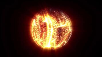 Abstract round sphere of shiny golden magic glow particles on dark background, energy ball of bright fire dots, spherical ball motion video