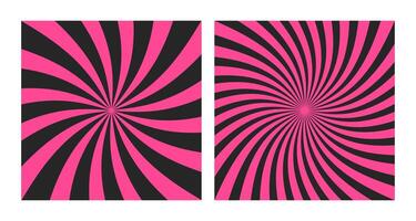 Set of abstract pink spiral sunbursts on a black background, two vibrant punk-style square posters vector