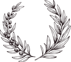 A wreath with a leaves and a symbol for the winner of the contest. Laurel wreath icon isolated. Graphic black and white olive branch png