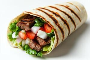 Close-up of a freshly made beef burrito filled with colorful ingredients like cheese, tomatoes, and cilantro against a plain white background. photo