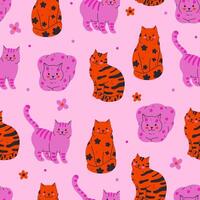 Seamless pattern with orange and pink cats in stripes and spots. graphics vector