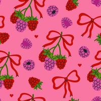 Pink seamless pattern with raspberries and bows. graphics. vector
