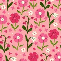 Seamless pattern with different flowers on a pink background. graphics. vector