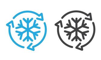 Freezer control icon, auto cooling or defrost, conditioning car or house, snowflake with two rotation arrows. vector