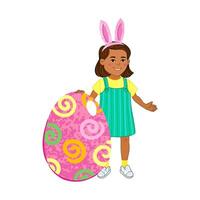 Illustration of Girl Stands Next to a Large Easter Egg Isolated on White Background vector