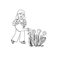 Outline Illustration of Cheerful Girl Waters Tulips From a Watering Can Isolated on White Background vector