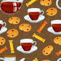 Seamless Background with Colorful Textured Illustrations of Teapot, Teacups, Cookies and Sweets vector