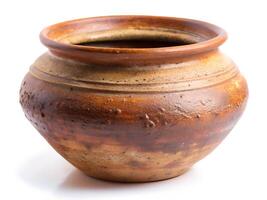 Handcrafted Earthen Pot with Smooth Clay Texture and Rustic Design on White Background photo