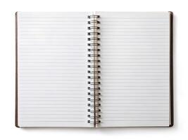 Open Spiral Notebook with Blank Lined Pages on White Background photo