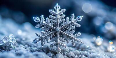 Macro Photograph of Snowflake with Intricate Crystalline Structure photo