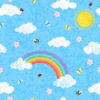 Seamless Background with Colorful Textured Illustrations of Blue Spring Sky with Sun, Rainbow and Insect vector