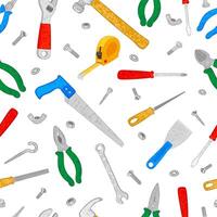 Seamless Background with Colorful Textured Illustrations of Hand Tools and Fasteners on White Background vector