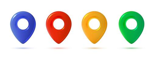 Realistic GPS pins set for map. Isolated geotag icons in blue, red, yellow and green colors, front view. 3d illustration. vector