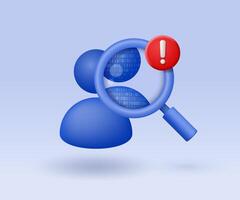 Symbol of a person under a magnifying glass and detected artificial intelligence with an exclamation mark in a red circle. AI detection concept. 3D illustration. vector