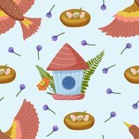 Cute children animal seamless pattern with bird, birdhouse, nest with chicks eggs and crocus flowers. Spring pattern. vector