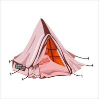 Pink retro tent for camping and picnics in nature. Spring and summer tourism in warm season. Soft mattress with pillows. Glamping. Isolated illustration on white background. vector