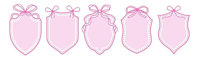 Set of vintage label and badges shape with bow. Protect shield security frame. Elegant coquette borders vector