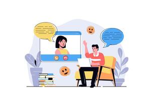 chatting web concept with cartoon people design. Man talking to woman by calling using laptop, connecting with virtual friends. Flat illustration isolated on white background. vector