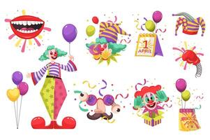 Fools day set in flat cartoon design. Collection graphic elements with laughing mouth, funny colorful clowns, joker hat, different prank toy in box, mask, calendar date, other. illustration. vector