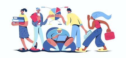 Team looking for business goals concept in cartoon web design. People making research, analyzing trends at graph, finding entrepreneurship ideas. Flat illustration isolated on white background. vector
