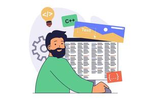 Web development concept with cartoon people in flat design. Man coding page interfaces, working with webpage layouts at computer, brainstorming, doing improvement optimization. illustration. vector