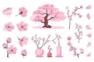 Sakura blossom set in flat cartoon design. Collection graphic elements with soft pink flower heads, petals, buds on branches, blooming cherry tree, springtime bouquets in vases. illustration. vector
