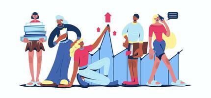 Effective business concept in cartoon web design. People developing project, achieving progress at profit graph with earning raising performance. Flat illustration isolated on white background. vector