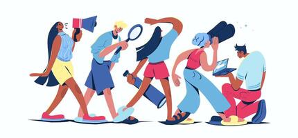 Searching for opportunities concept in cartoon web design. People with binoculars, magnifiers and telescopes looking new goals and career ideas. Flat illustration isolated on white background. vector