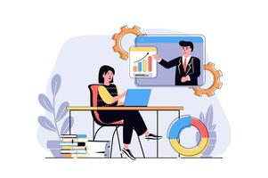 Business webinar web concept with cartoon people design. Woman learning at online training with business coach with data analysis seminar. Flat illustration isolated on white background. vector