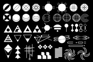 Retro futuristic y2k set elements in flat graphic design. Collection of basic white geometric shapes, rounds, spheres and triangles with mesh, lines, links, abstract grids, other. illustration. vector