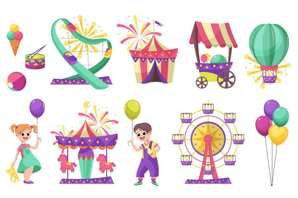 Amusement park set in flat cartoon design. Collection graphic elements with circus, roller coaster, hot air balloon, carousel, kiosk, girl, boy, attractions, ferris wheel, other. illustration.