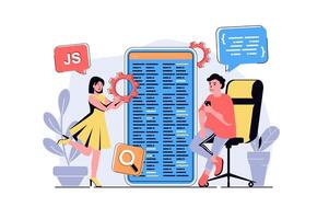 App development web concept with cartoon people design. Man and woman creating mobile interface layout, prototyping and programming at screen. Flat illustration isolated on white background. vector