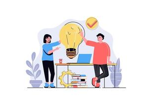 Teamwork web concept with cartoon people design. Man and woman brainstorming, generating ideas and solutions, collaboration and cooperation. Flat illustration isolated on white background. vector