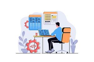Programmer working web concept with cartoon people design. Man programming software at laptop, engineering and coding, making optimization. Flat illustration isolated on white background. vector