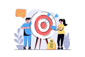 Business target web concept with cartoon people design. Woman and man aiming at target, hit in bullseye, achieve goals, get progress and profit. Flat illustration isolated on white background. vector