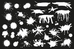 White ink drops and splashes set elements in flat graphic design. Bundle objects of grunge stains and drips, messy paintbrush blots, grainy splattered texture, dirty paint spots. illustration. vector