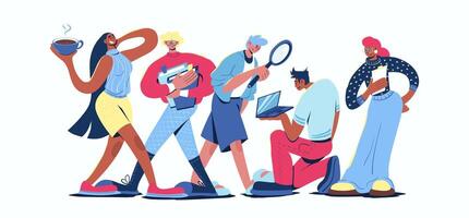 Time management concept in cartoon web design. People working in team with checklist, doing paperwork and tasks at laptop, taking coffee break. Flat illustration isolated on white background. vector