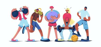 Fitness concept in cartoon web design. People training with barbells, exercising with fit ball, playing basketball game, doing workout at gym. Flat illustration isolated on white background. vector
