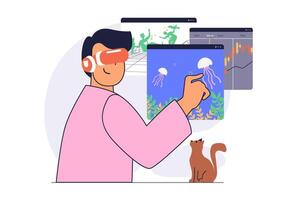Virtual reality concept with cartoon people in flat design for web. Man in VR headset interacting with screen, choosing undersea exploration, data analysis and cyberspace gaming. illustration. vector