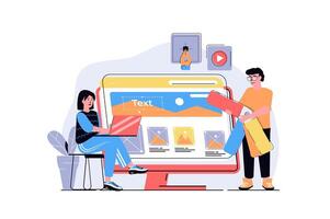 Web design concept with cartoon people design. Man and woman programming and creating site layout with content organization, elements placement. Flat illustration isolated on white background. vector