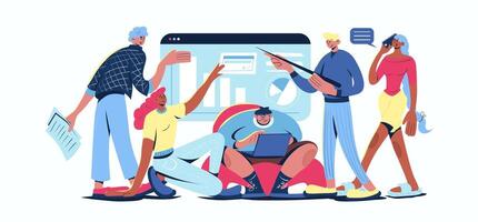 Business training concept in cartoon web design. People learning new professional skill, listening coach lecture with presentation at conference. Flat illustration isolated on white background. vector