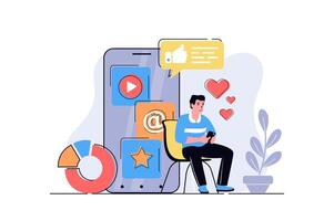 Social media marketing web concept with cartoon people design. Man making posts with online promotion, getting followers, analyzing statistics. Flat illustration isolated on white background. vector