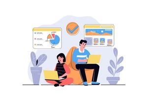 Freelance working web concept with cartoon people design. Woman making data analysis at laptop and man designing webpage while sits in armchair. Flat illustration isolated on white background. vector