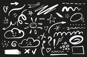 Line shape marker set elements in flat graphic design. Bundle objects of white doodle drawings with arrows, stars, clouds, sun, curls, circle, square, dots, tick, heart, other. illustration. vector