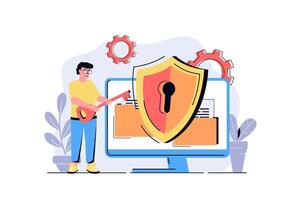 Cyber security web concept with cartoon people design. Man using online protection system for personal computer files with encryption defending. Flat illustration isolated on white background. vector