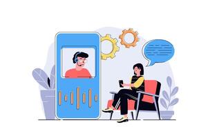 Virtual assistant web concept with cartoon people design. Woman connecting with operator of customer support service and making calling. Flat illustration isolated on white background. vector